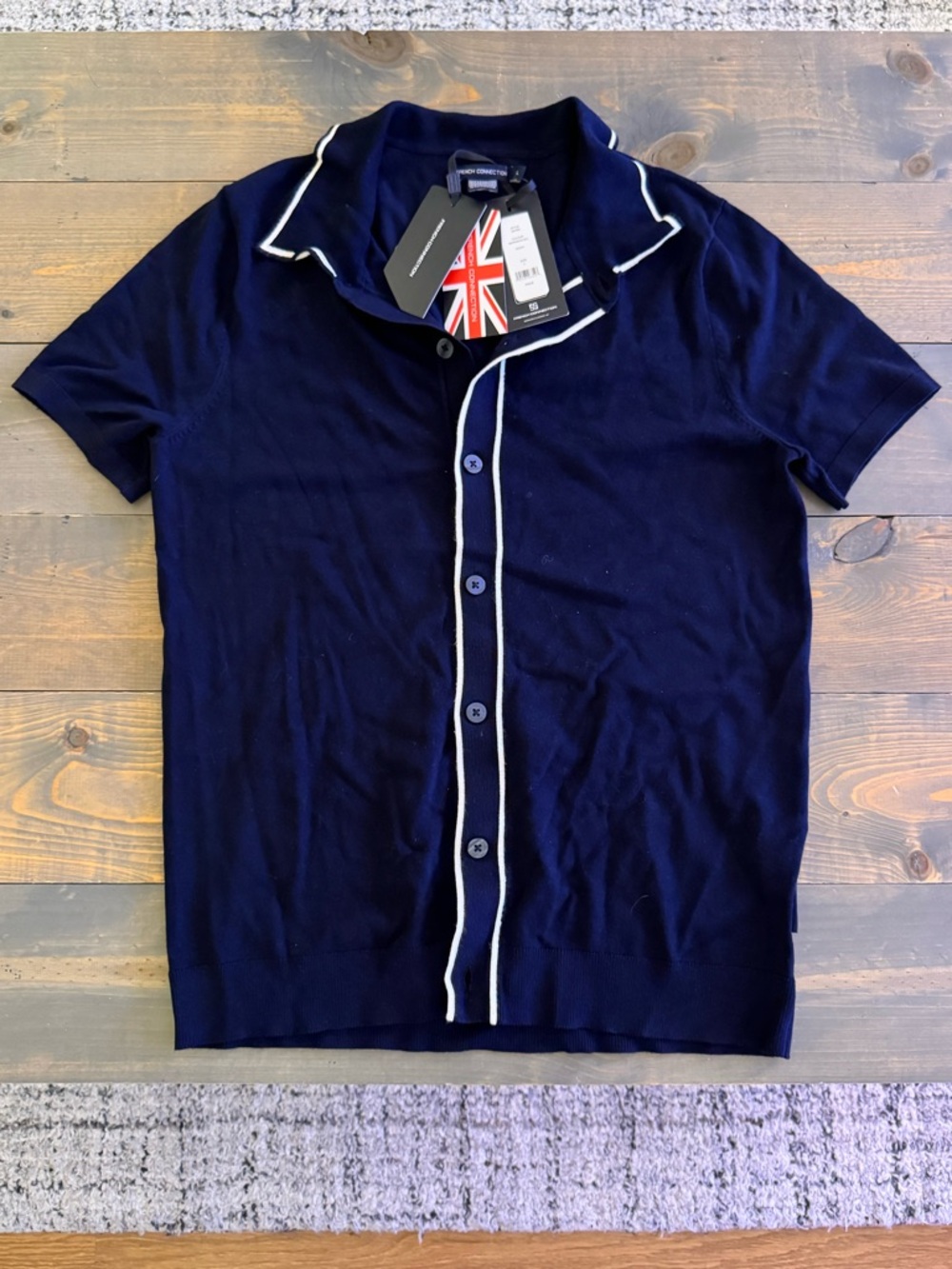 French Connection Knit Polo Sweater Short Sleeve Navy Ecru Contrast Trim Size L